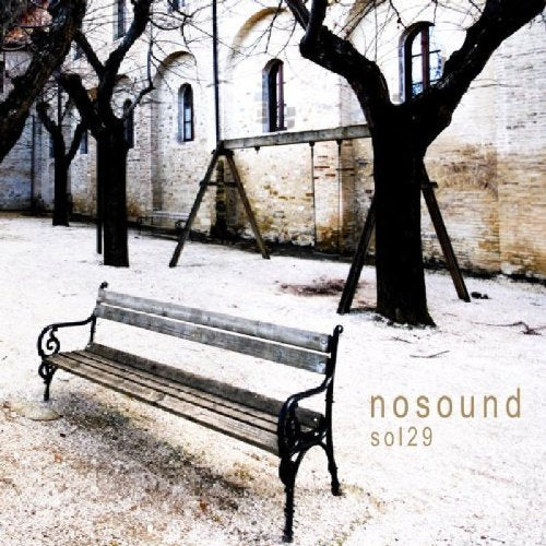 "Album cover featuring a wooden bench in a snowy playground with 'nosound sol29' text."