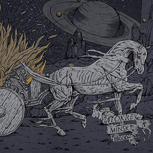 "Album cover art: knight on skeletal horse with shield, planet in the background."