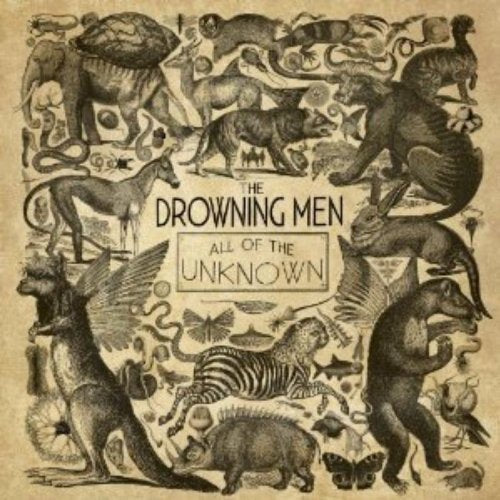 "Drowning Men album cover featuring various animals and creatures in a vintage-style illustration."