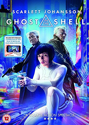 "Ghost In The Shell DVD cover featuring Scarlett Johansson in a white jumpsuit holding a gun."