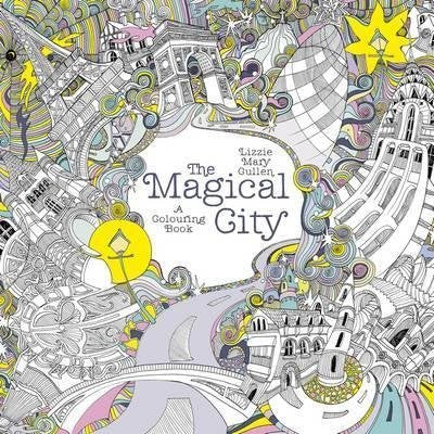 "Colouring book cover with intricate cityscape illustration, partially coloured in pastel shades."
