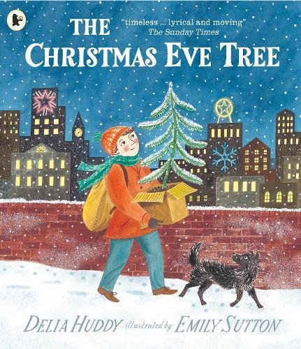 "Illustration of a child carrying a Christmas tree with a dog in a snowy scene."