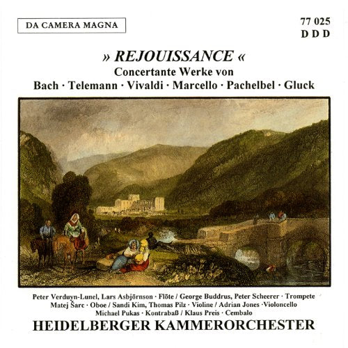 "Album cover with classical landscape painting and musician names on a white background."