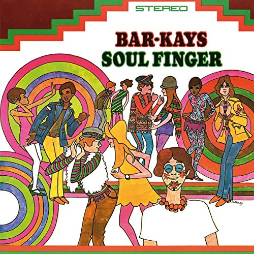 "Vinyl record cover with colorful illustration of dancing people and 'Bar-Kays Soul Finger' text."