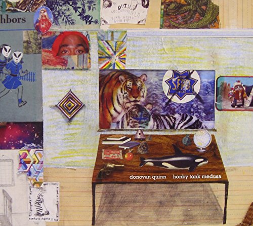 "Collage album cover with wooden table, various images, and 'donovan quinn honky tonk medusa' text."