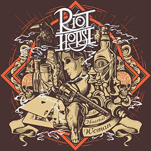 "Album cover art featuring a woman with a gun, surrounded by skulls and symbols."