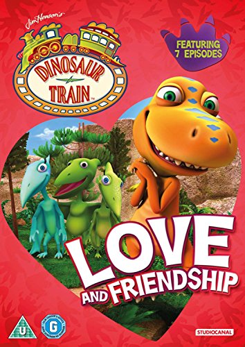 "Dinosaur Train" DVD cover with cartoon dinosaurs on a red heart-shaped background.