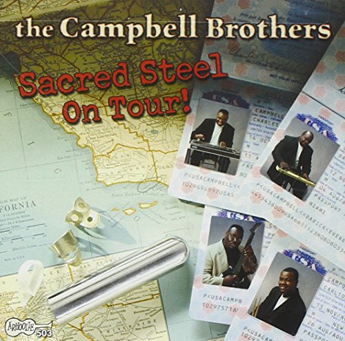 "CD cover with map, tickets, and steel guitar on 'Sacred Steel On Tour' album."