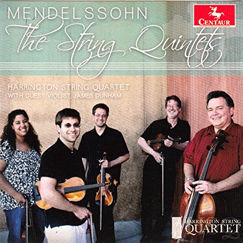 "CD cover featuring the Harrington String Quartet with violist James Dunham, holding instruments."