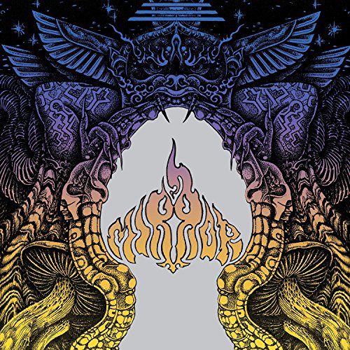"Album cover art featuring symmetrical, ornate illustrations with flames and fantastical creatures."