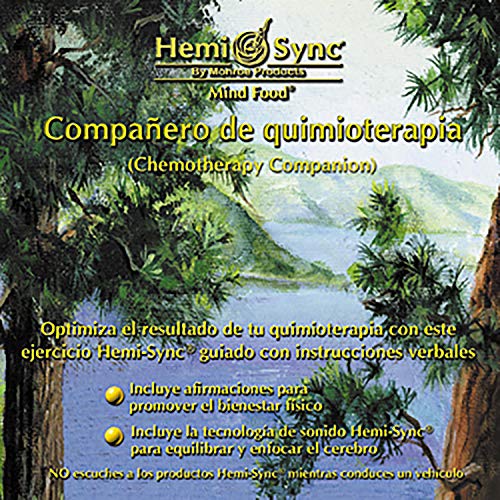 The image is a CD cover for a Hemi-Sync product. Alt text: A serene forest landscape with yellow Spanish text overlay.
