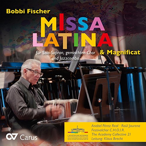 "CD cover with a man playing percussion and multicolored title 'Missa Latina'."