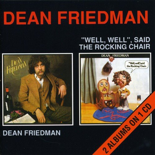 "CD cover with two album covers: man and cartoon rocking chair, on black background."