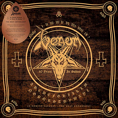 "Vinyl album cover with goat's head and occult symbols on dark brown background."