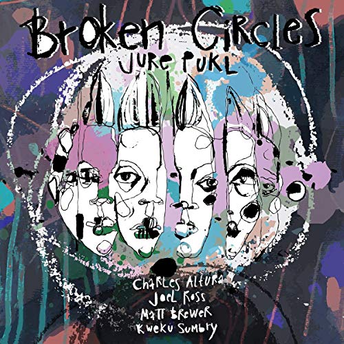 "Album cover with abstract face illustrations and artist names on a colorful background."