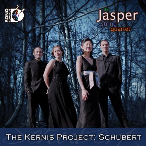 "CD cover featuring the Jasper String Quartet in formal attire, standing in a forest."