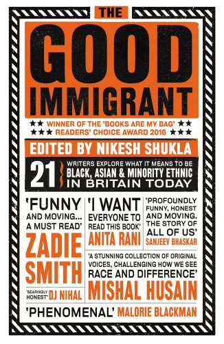Book cover of "The Good Immigrant" with multicolored vertical strips and bold yellow title.