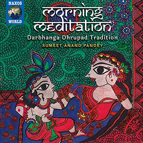 "CD cover with traditional Indian art, two figures, and 'Morning Meditation' text."