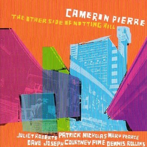 "Album cover with abstract cityscape and artist name 'Cameron Pierre' on orange background."