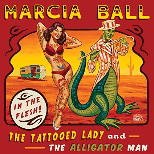 "Album cover featuring a pin-up woman and man with an alligator in the desert."