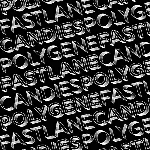 A black background with repeating diagonal "Fastlane Candies Polygene" text in silver metallic font.
