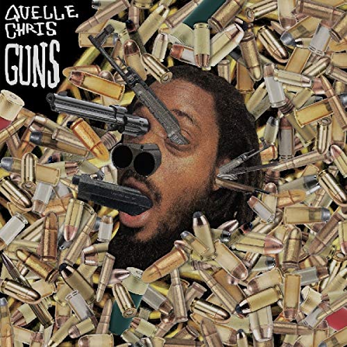 Album cover with man's face surrounded by guns and bullets, guns covering his eyes and mouth.