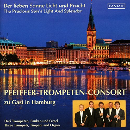 "CD cover with a cityscape at dusk and four men holding trumpets."
