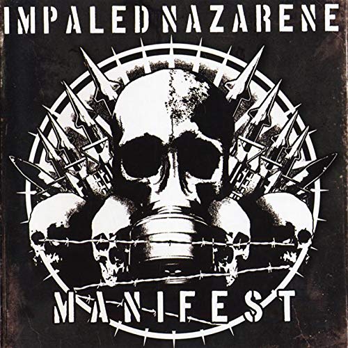 "Album cover with a skull surrounded by spikes and barbed wire on a black background."