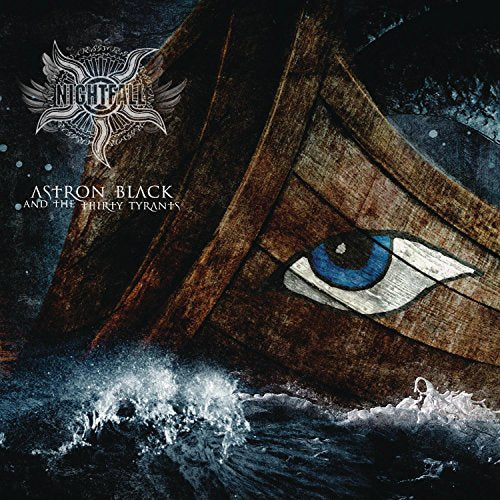 "Album cover featuring a wooden boat with an eye on its side in stormy water."
