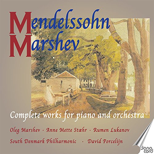 "CD cover featuring a watercolor painting of a serene outdoor piano scene."