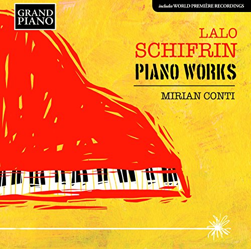 "Album cover with red piano illustration on yellow background, featuring 'Lalo Schifrin Piano Works'."