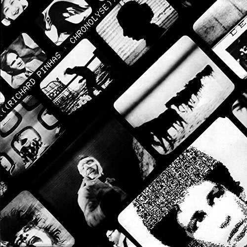 Black and white images of a man and album covers, partially obscured by shadows.