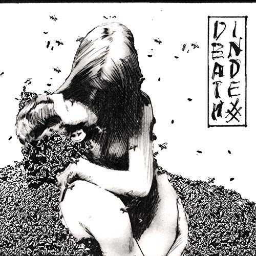 Black and white illustration of a kneeling woman covered in flies, with text "death index" nearby.