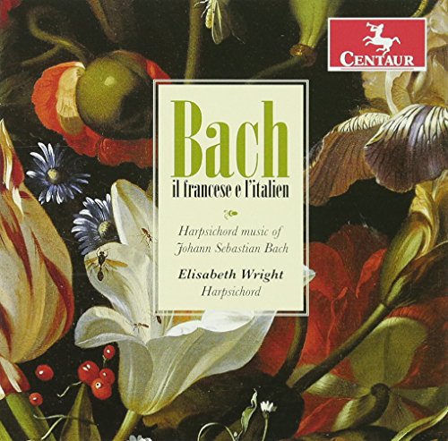"CD cover with floral background, title 'Bach' and artist 'Elisabeth Wright' in green and black text."