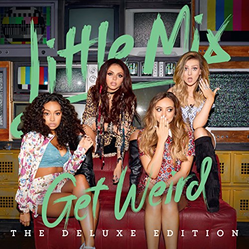 The image shows the "Get Weird" album cover with four women posing on a red couch.