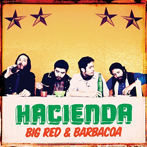 "Album cover with four men eating and drinking, against a yellow background with stars."