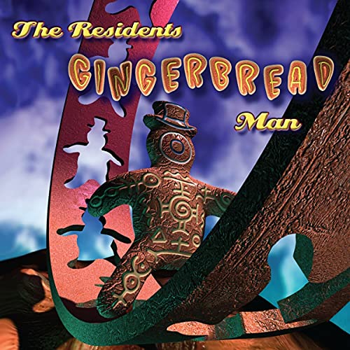 "Album cover featuring a gingerbread man sculpture against a blue cloudy background."
