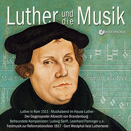 "CD cover with portrait of Martin Luther against a musical score background."