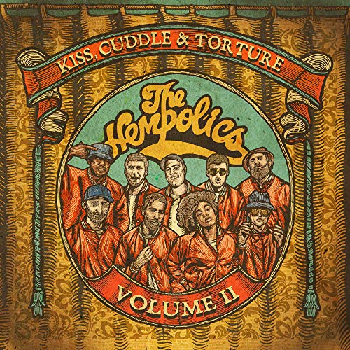 Vinyl album cover with cartoon illustration of band members and ornate gold background.