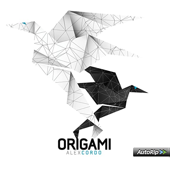 "Geometric origami cranes in black and white, with text 'ORIGAMI ALEXCORDO' below."