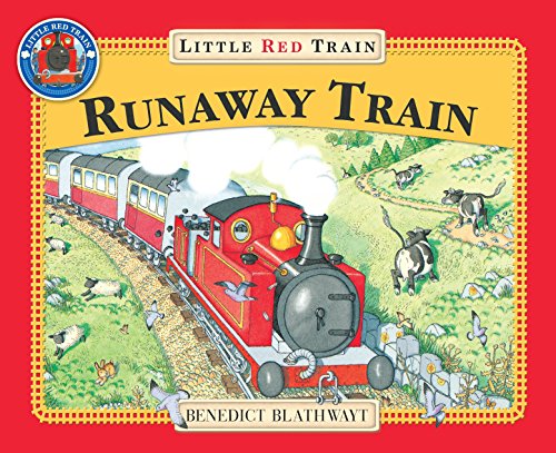 "Children's book cover featuring a red train with steam engine, surrounded by animals."