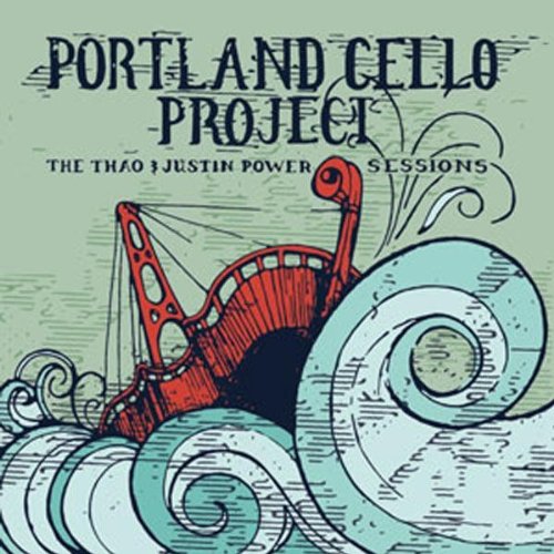 "Album cover with a red cello-boat on waves, green background, and stylized text."