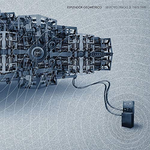 "Vinyl record album cover with futuristic machinery and wires on a grey background."