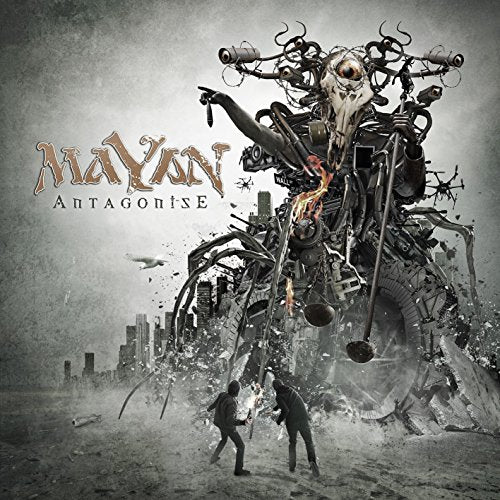 Album cover art: mechanical creature destroying city, with two men fighting in the foreground.