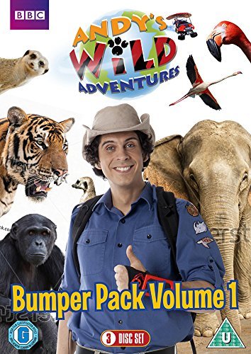 DVD cover featuring a man surrounded by various wild animals, with "Andy's Wild Adventures" title.