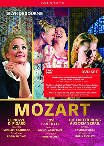 "Mozart DVD box set cover featuring three opera scenes and gold lettering."