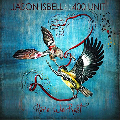 Album cover with two birds tugging on a ribbon against a blue background.