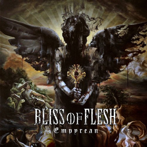 "Album cover art: dark, winged figure with gold symbol, surrounded by figures and cloudy sky."
