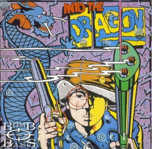 Bomb the Bass album cover featuring a cartoon warrior fighting a dragon with swords.
