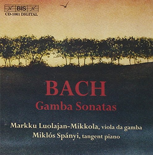 "Bach Gamba Sonatas CD cover with serene landscape and red and beige text."